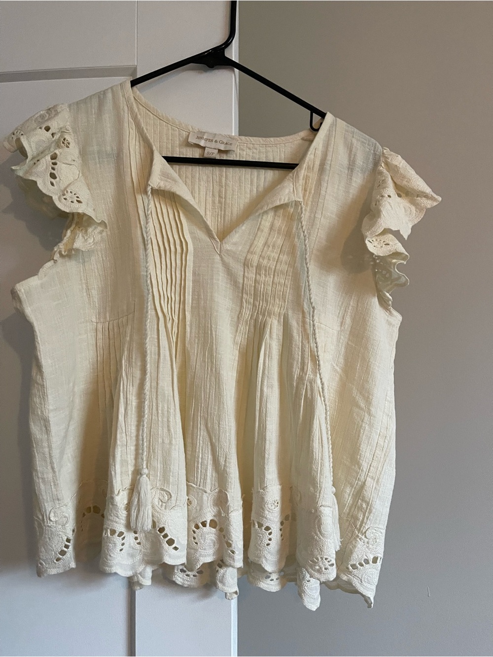 Boho Eyelet Pintuck Cotton Blouse - Cream